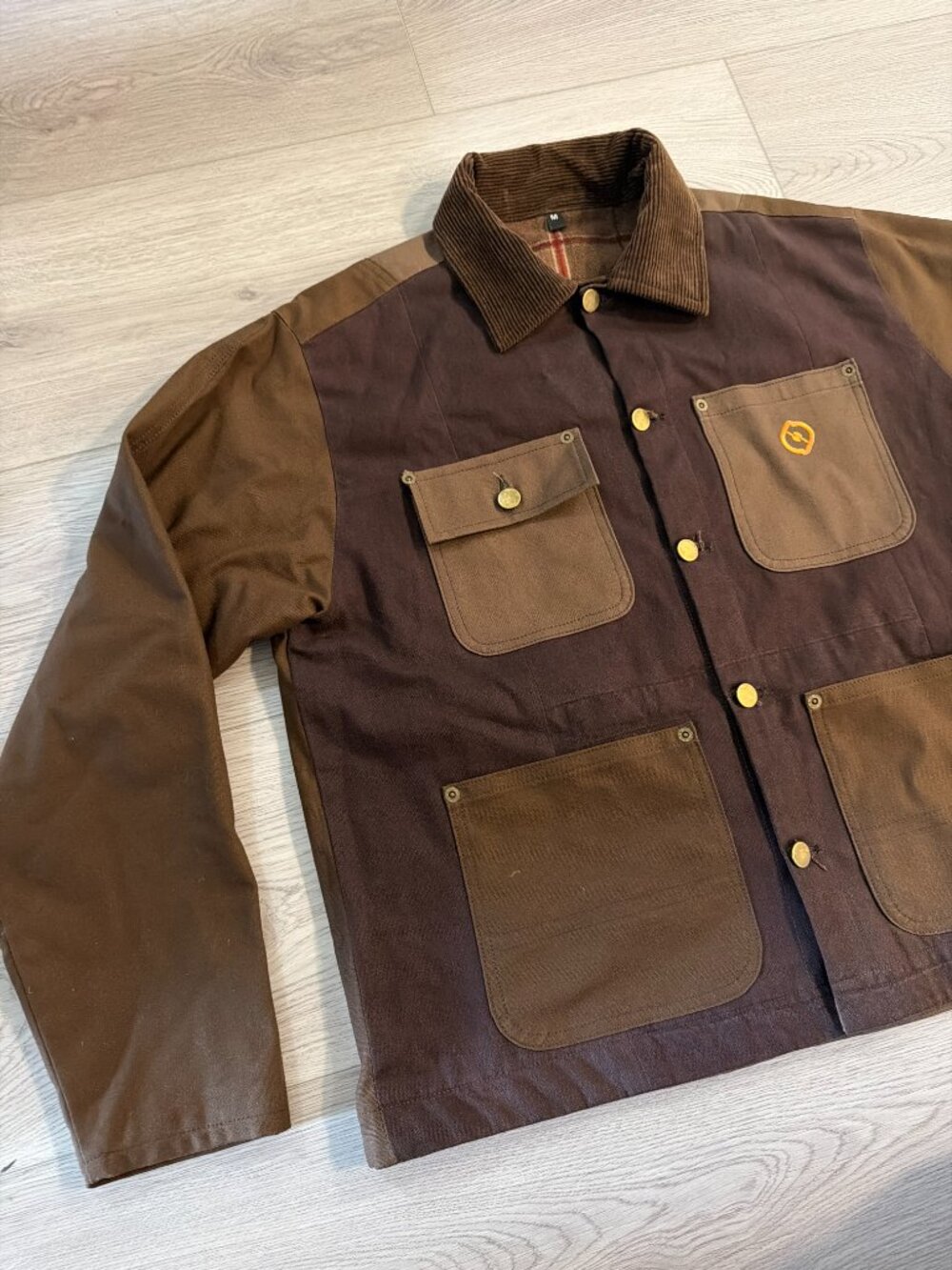 Reworked Canvas Chore Jacket Mens M Brown Plaid Lined Workwear Utility Coat - Picture 5 of 9